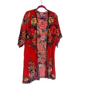 Flying Tomato Red Floral Kimono Duster Bohemian Festival Cover Up S/M